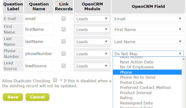 Mapping fields from JotForm in OpenCRM
